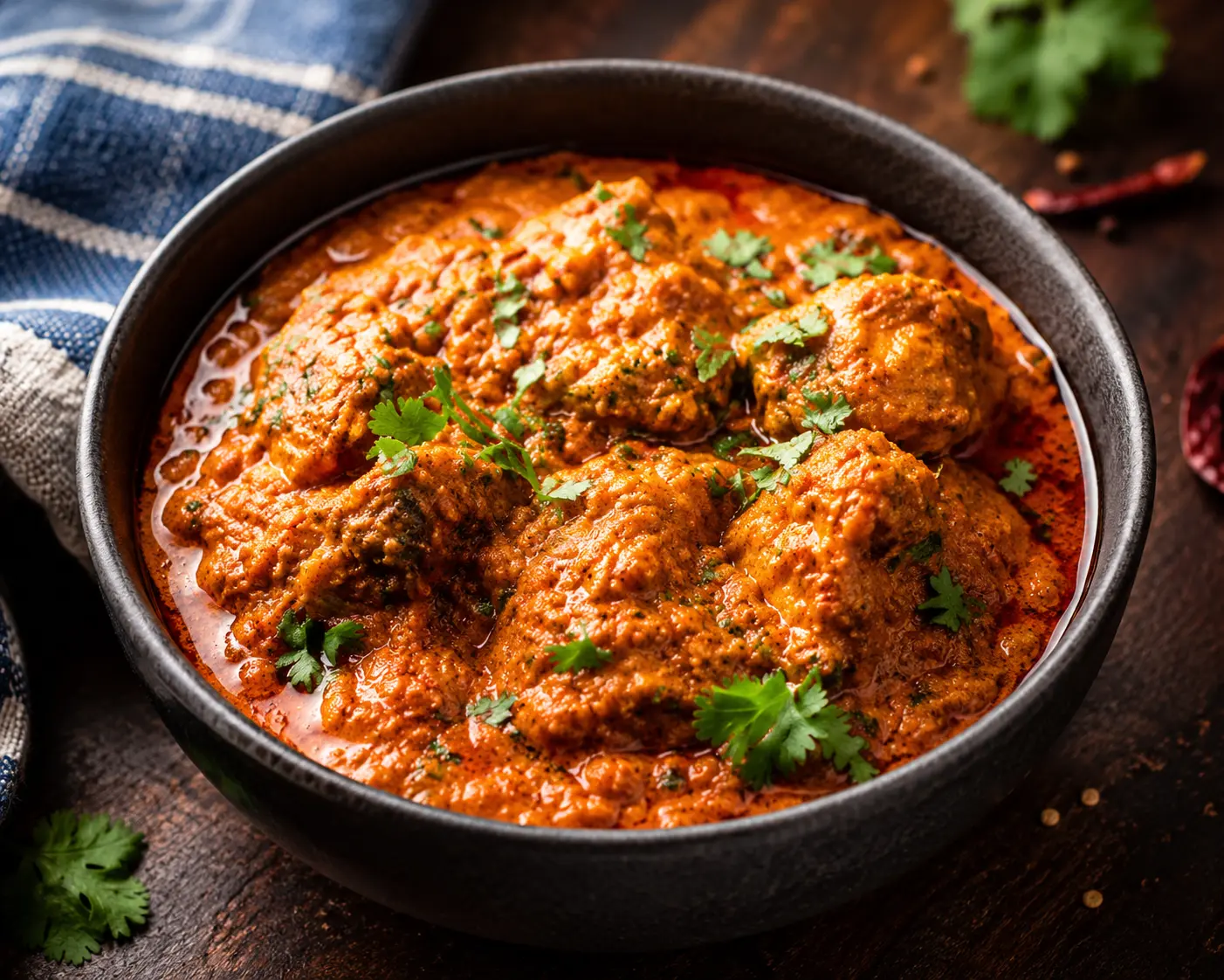 Chicken tikka masala in a rich spiced tomato gravy topped with coriander at Indian Tales Calgary